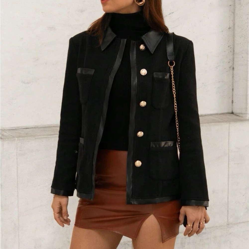 Black collared leather trim button front blazer jacket